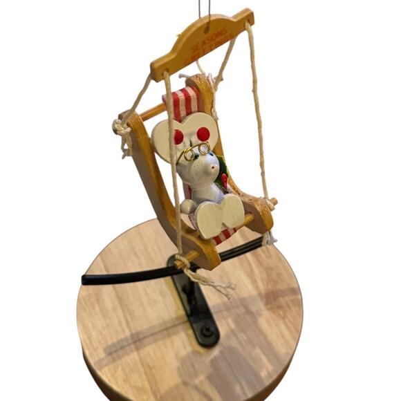 1970s Vintage Christmas White Mouse on Wooden Swing Chair Ornament Holiday Decor - Picture 2 of 6